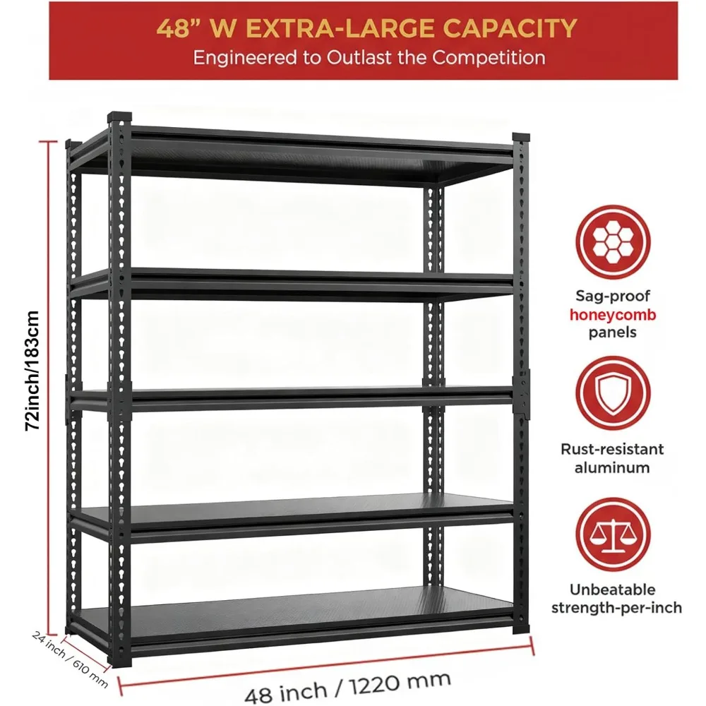 頑丈なガレージ棚 5段収納ラック 耐荷重3000ポンド 幅48インチ x 高さ72インチ x 奥行き24インチ 調整可能なボルトレススチール収納、カスタマイズ可能