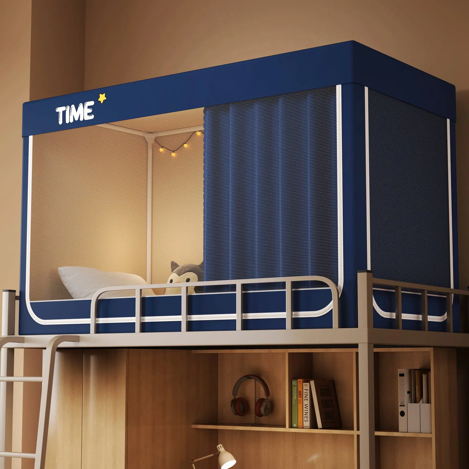 Mosquiteiro Quadrado com Zíper, Cortinas de Cama Blackout para Dormitório Estudantil, Tenda Mosquiteira Anti-Mosquito para Beliche Superior e Inferior com Suporte
