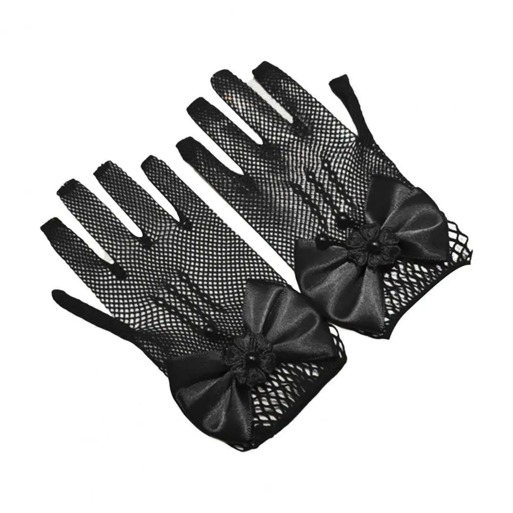 Wedding Flower Children Gloves	See-through Hollow Out Big Bow-knot Fishnet Beads Prom Gloves Kid Gloves 1 Pair