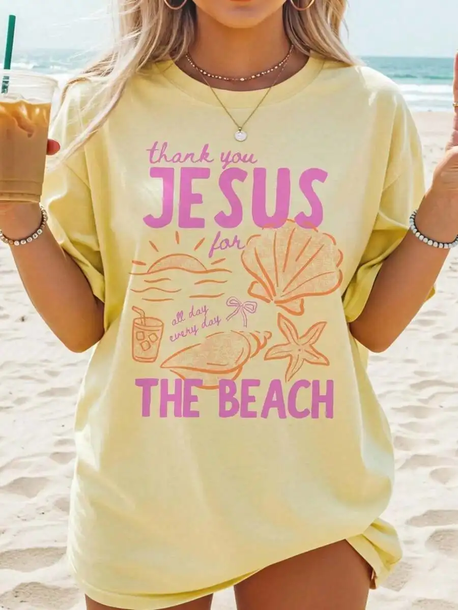 Women's Thank You Jesus For The Beach Print Sea Shell Starfish Sunset Sketch Summer Vacation Casual Short Sleeve Crew Neck Graphic T‑Shirt Tee Top