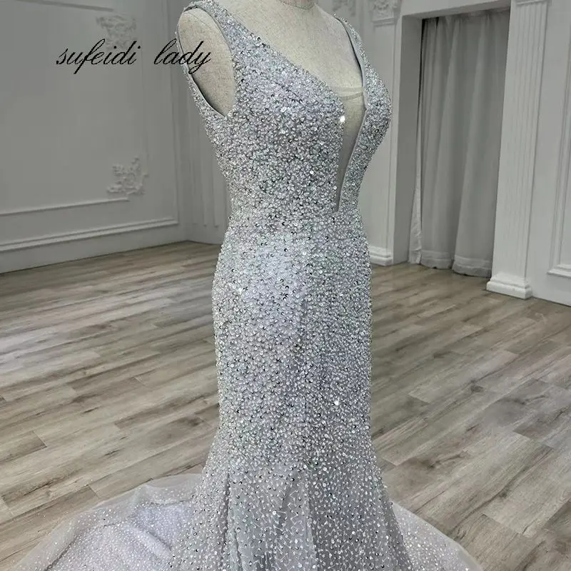 Vestidos de novia elegantes de sirena, vestidos de novia de encaje completo, tren desmontable, vestidos de novia