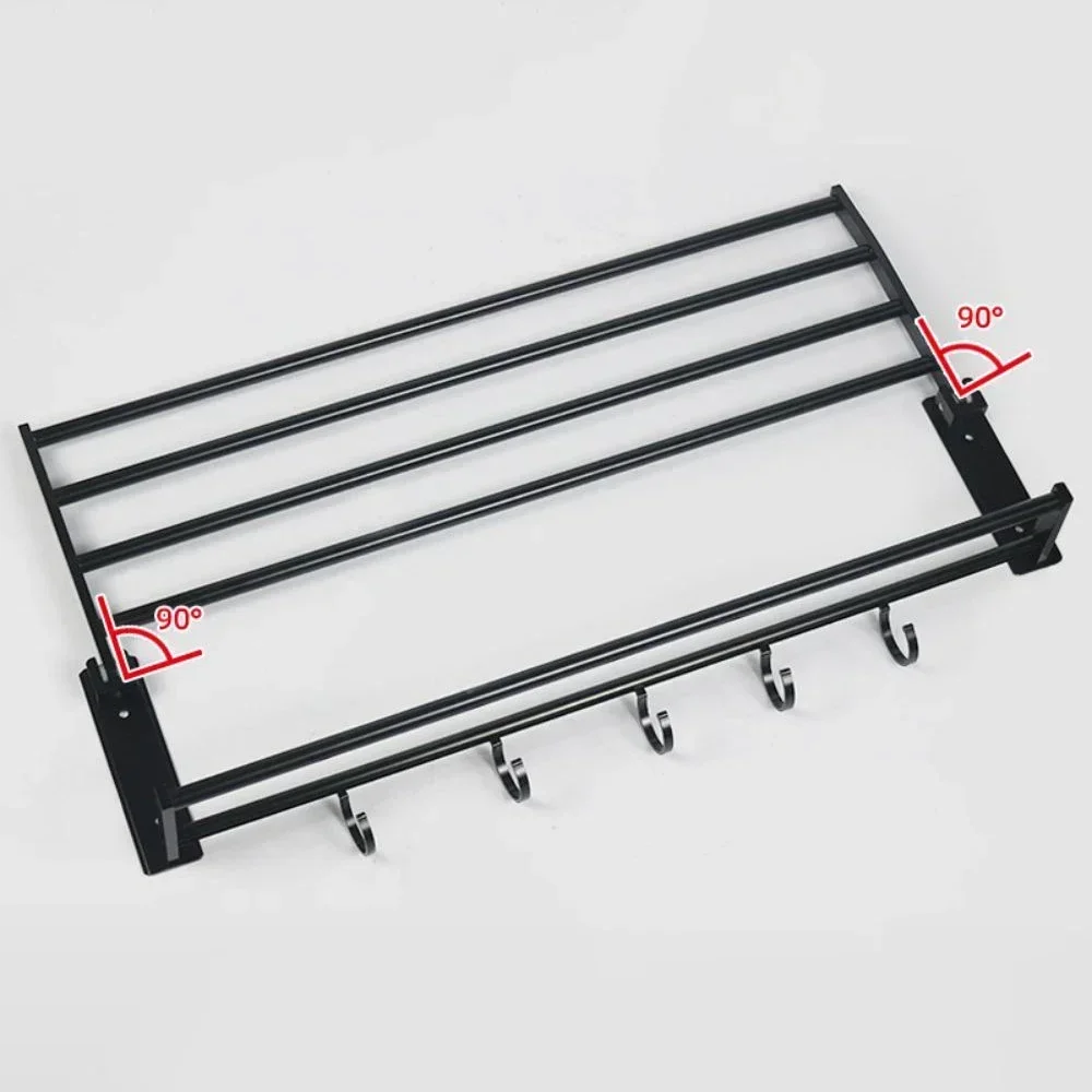 Towel Holder Wall Mounted Black Aluminum Surface Shower Bars Hanger Adjustable Fold Clothes Rack with Hooks Bathroom Accessories