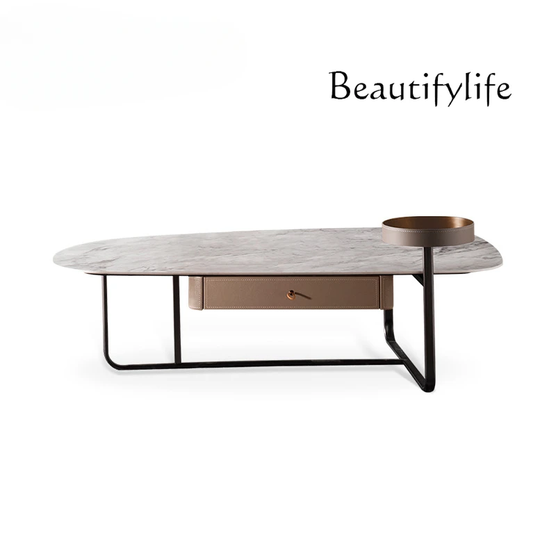 

Italian Minimalist Marble Coffee Table Modern Light Luxury Living Room Creative Saddle Belt Drawer Tea Table