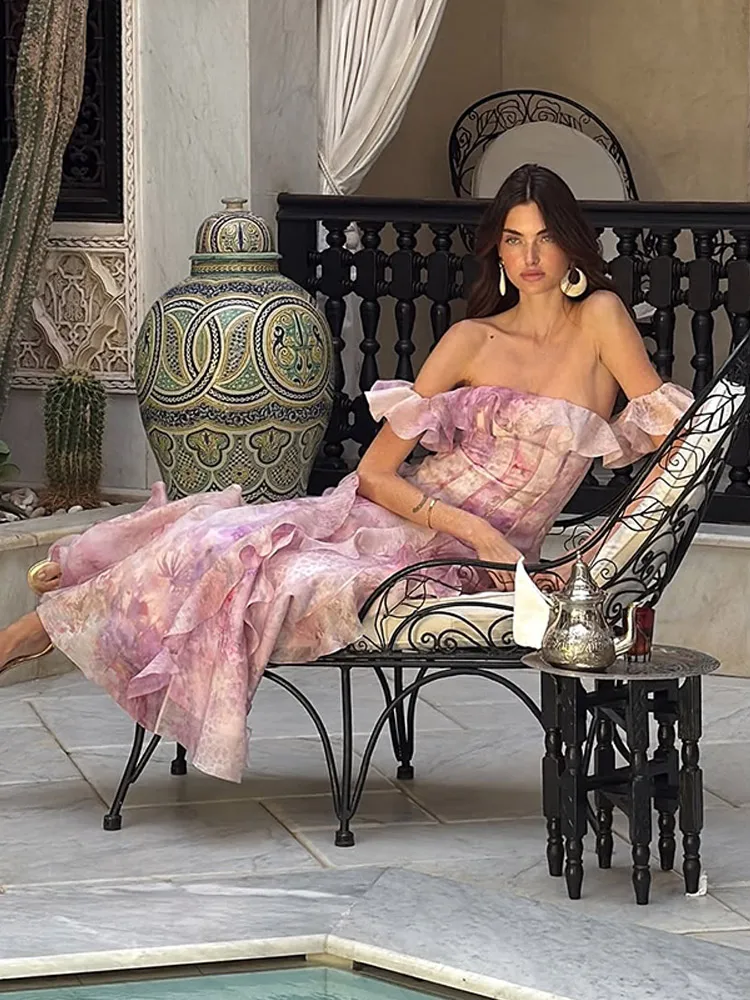 Elegante em camadas babados impresso vestido feminino chique fora do ombro cintura cinched vestidos longos 2025 verão festa à noite clube vestidos