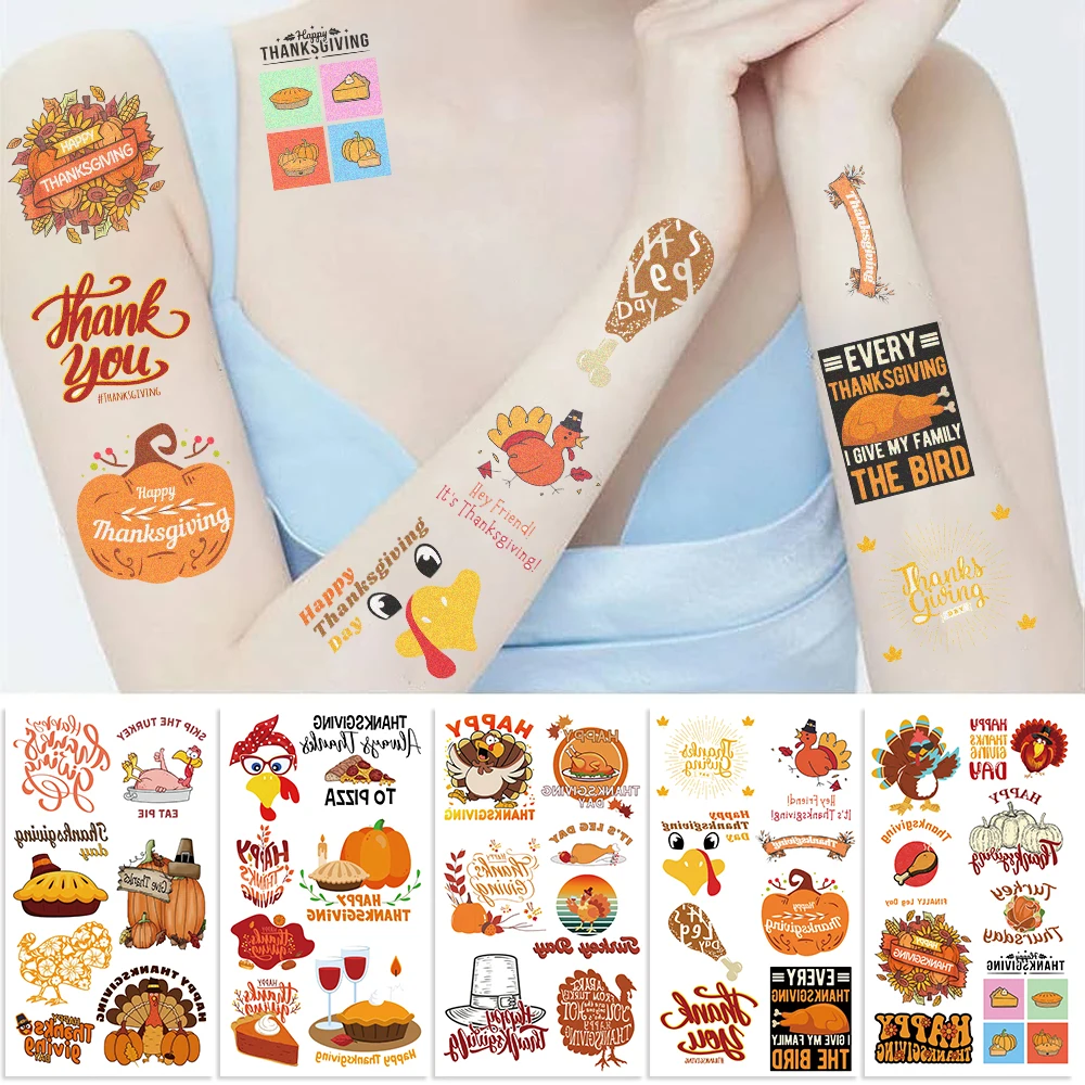 10Pcs Cute Turkey Pumpkin Temporary Waterproof Tattoos Sticker for Kids Birthday Party Favors Thanksgiving Day Party Decor