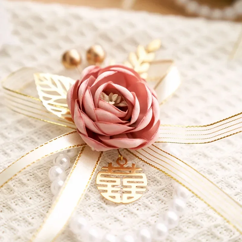 Noble เพื่อนเจ้าสาวเจ้าสาวดอกไม้ข้อมือเทียม Pearly สีชมพู Peony ข้อมือ Corsage งานแต่งงาน Ball Party ริบบิ้น Rose สร้อยข้อมือแต่งงาน