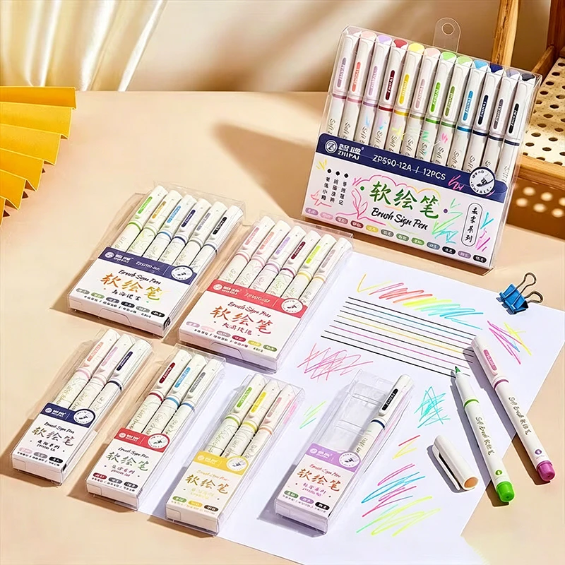 12 Colors Brush Sign Pen – Flexible Tip, No Bleed Through, Smudge-Proof Vivid Markers for School Office Journaling B
