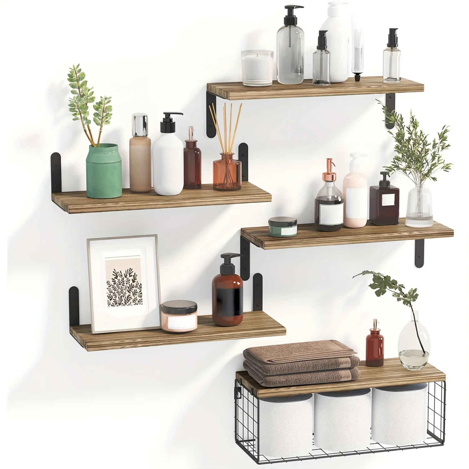 

5+1 Tier Bathroom Floating Shelves, Wall Mounted Wood Shelves Over Toilet with Wire Basket, make space and keep your bathroom