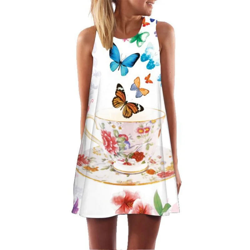 2018 European Station European and American New Retro Digital Printed round Neck Hot Selling off-Shoulder Mid-Length Vest Dress