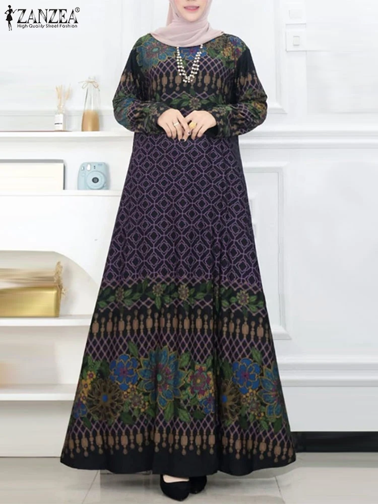 ZANZEA Elegant Ethnic Floral Print Long Dresses Women Muslim Islamic Long Sleeve O Neck A-line Vestidos Casual Loose Abaya Robes