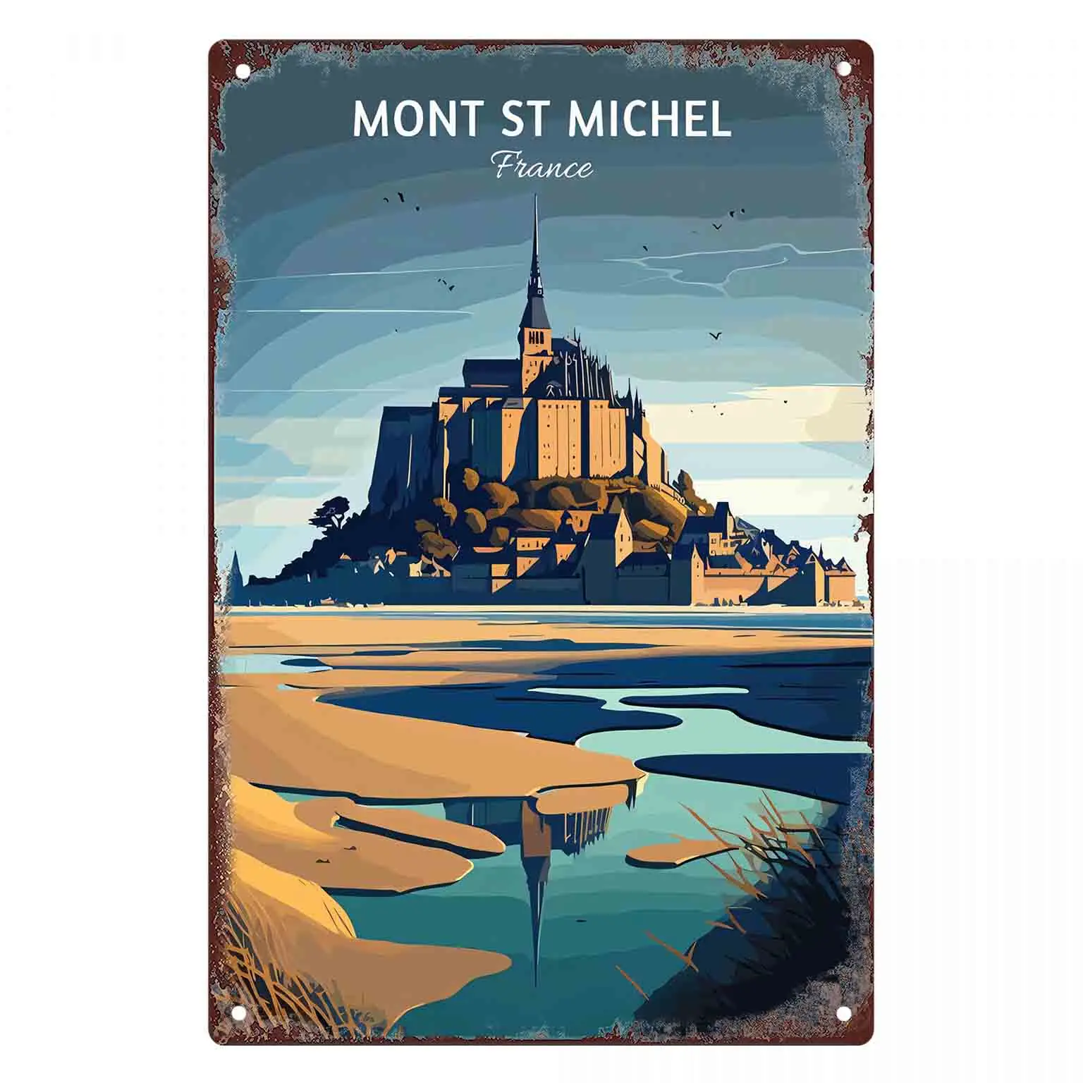2D FLAT 1pc Mont St Michel France Travel Poster Metal Wall Sign Decoration for Home Cafe Garage Bedroom Porch And Garden
