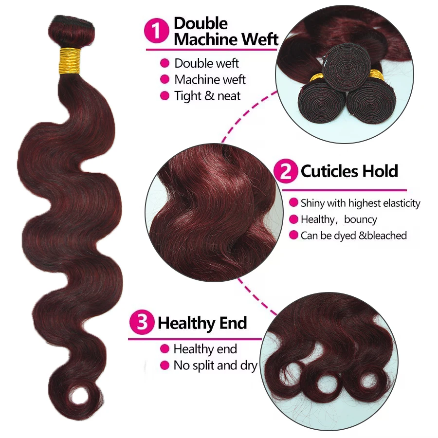 99J Bourgogne tissage humain hair tissage bresilien bouclé Body wave Bundles meche bresilienne cheveux humain 10-26 pouces bundles human hair tissage bresilien bouclé coloré raw hair bundles