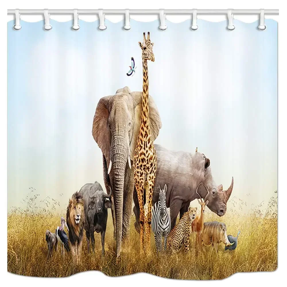 Large Group of African Safari Animals Polyester Fabric Bath Curtains