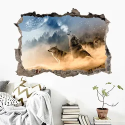 Snow Land Wolf Howls Vinyl Wall Hole Art Stickers for Home Decoration Aesthetic Rooms Star Sky Animal Wallpaper Multiple Styles