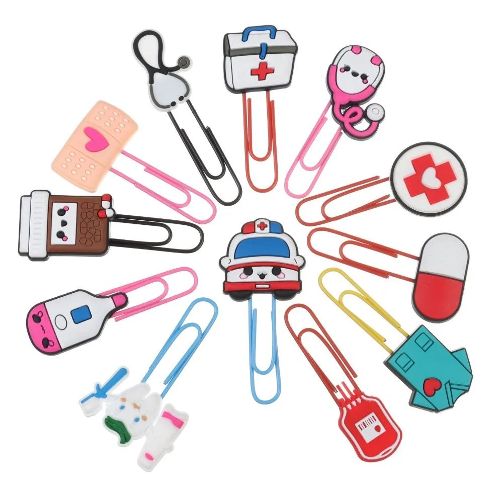 12PCS Paper Clip Bookmarks Cute Cartoon Medical Paper Clip Bookmark Colorful Book Clips Set Bookmark Stationery Accessories