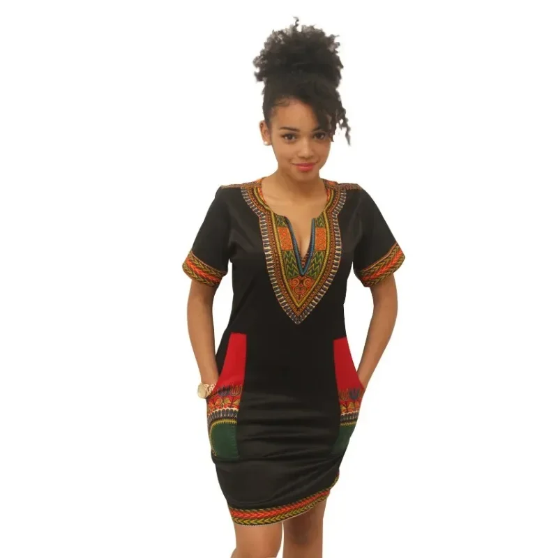 

African Dresses for Women Summer 2025 Fashion Style African Women Short Sleeve V-neck Polyester Knee-length Dress