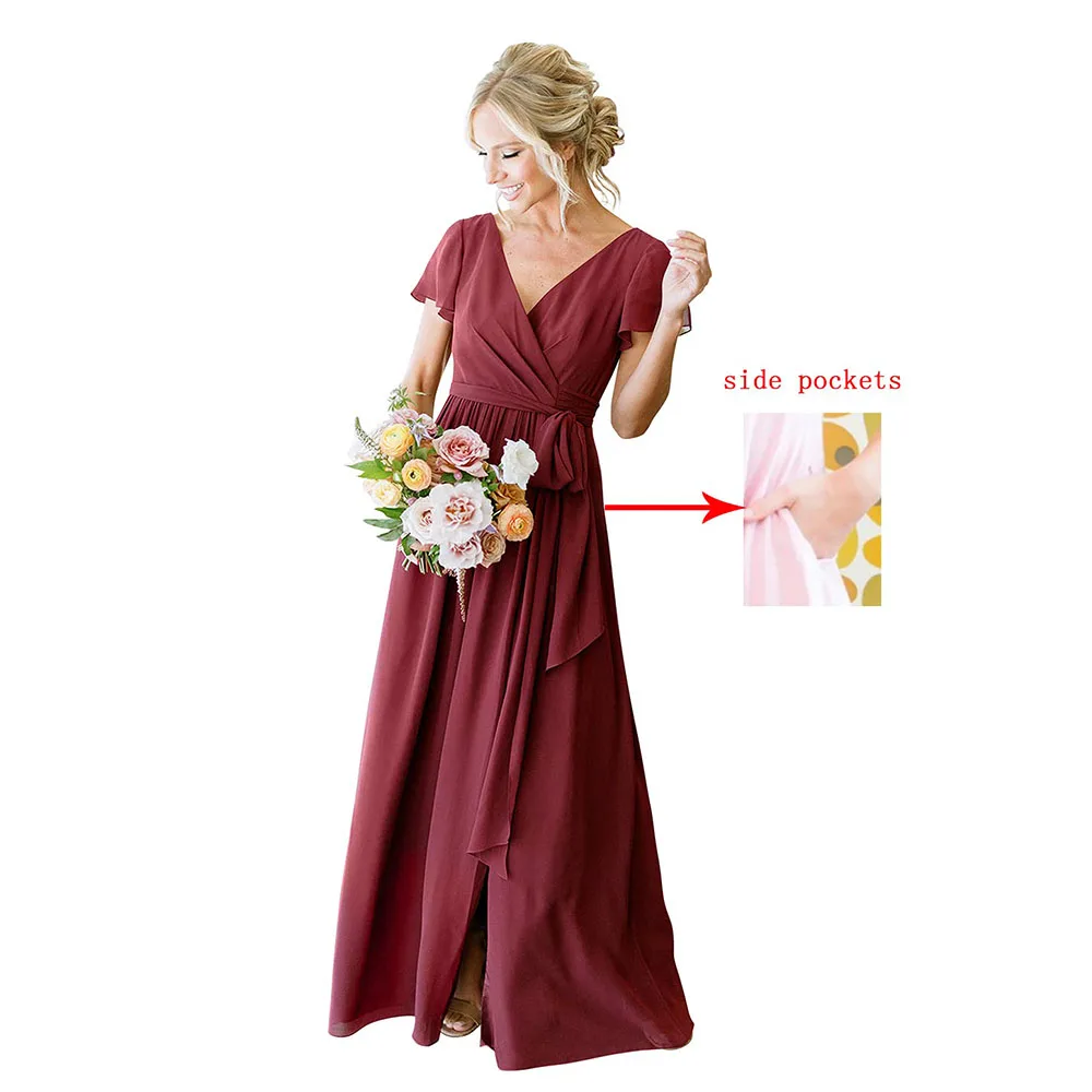 

Customized Exquisite Short Sleeve Dresses with Slit Mother of The Bride Dresses 2025 V Neck Pleated Formal Party Dress