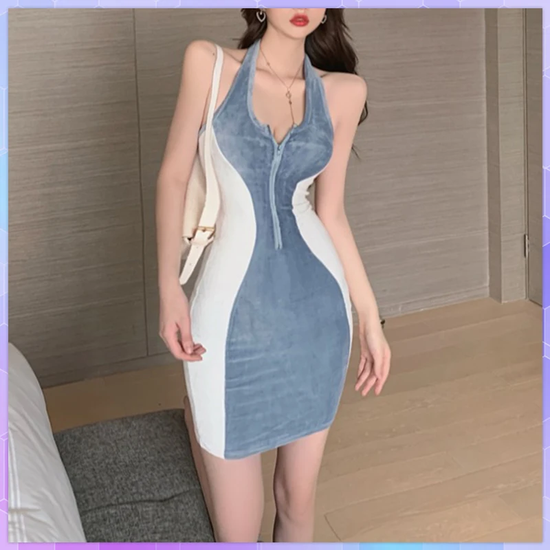 

Halter Neck Sexy Elegant Dresses For Women 2022 Low Chest Spring Patchwork Buttock Backless Pink Zipper Mini Dress Female Платье