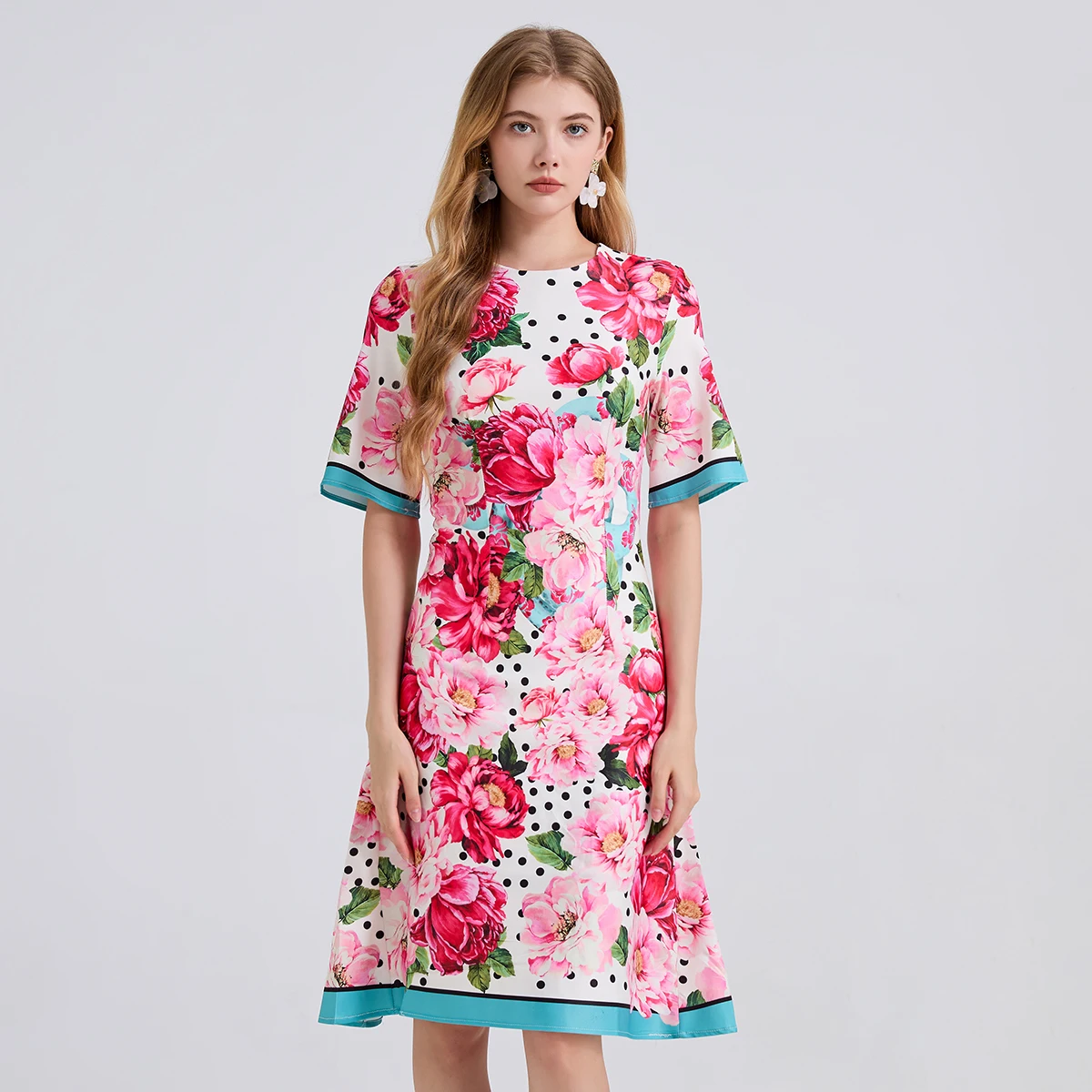 

Summer Women Designer Print Flower Runway Dresses O-neck Short Sleeve Party Dress