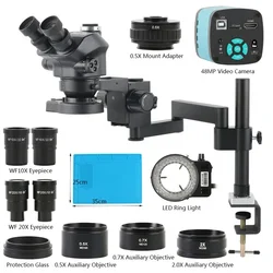 7X 100X Trinocular Stereo Microscope 4K 48MP 55MP HDMI USB VGA Electronic Video Microscope Camera+ Articulating Arm Pillar Clamp