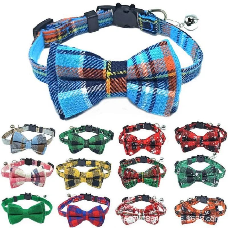 Pet Breakaway Cat Collar Bow Tie and Bell Cute Plaid Christmas Red Elastic Adjustable Dog Collar with Sash Small Bell for Cats