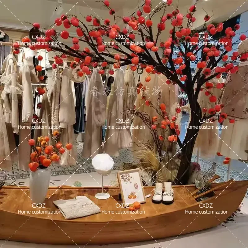 Persimmon tree simulation tree indoor living room fake green plant Chinese floor ornament red fruit New Year's decoration
