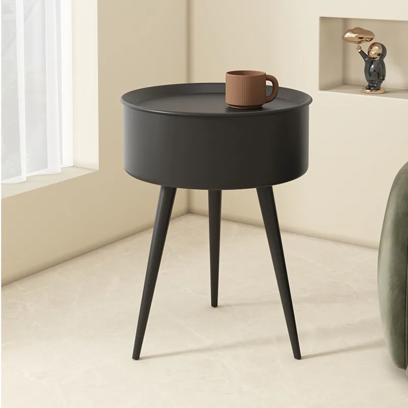 Cream Style Minimalist Mobile Sofa Side Table Small Unit With Dust-proof Storage Cabinet Household Iron Small Round Table