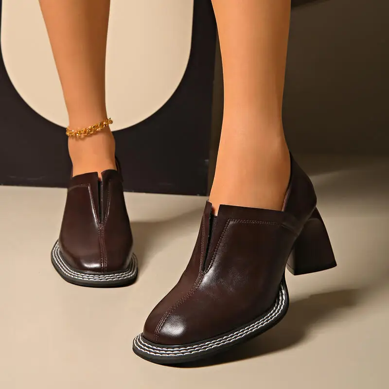Vintage Square Toe Thick High Heel Loafers Women 2026 Spring Stitching Decoration Designer Pumps Women's Formal Office Shoes
