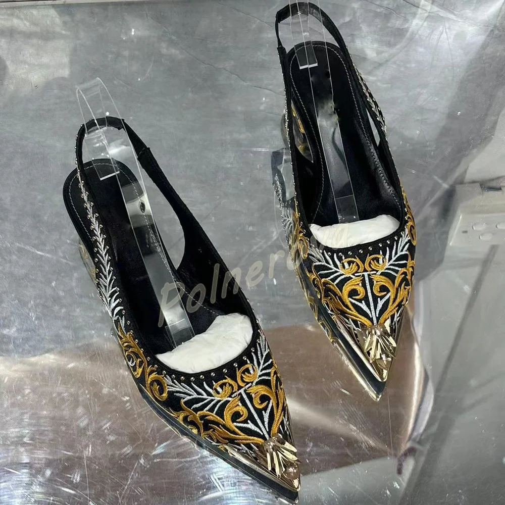 Gold White Embroidery Metal Toe Pumps Women Pointed Toe Slingback Block Low Heel Shoes Back Strap Women Elegant Party Shoes