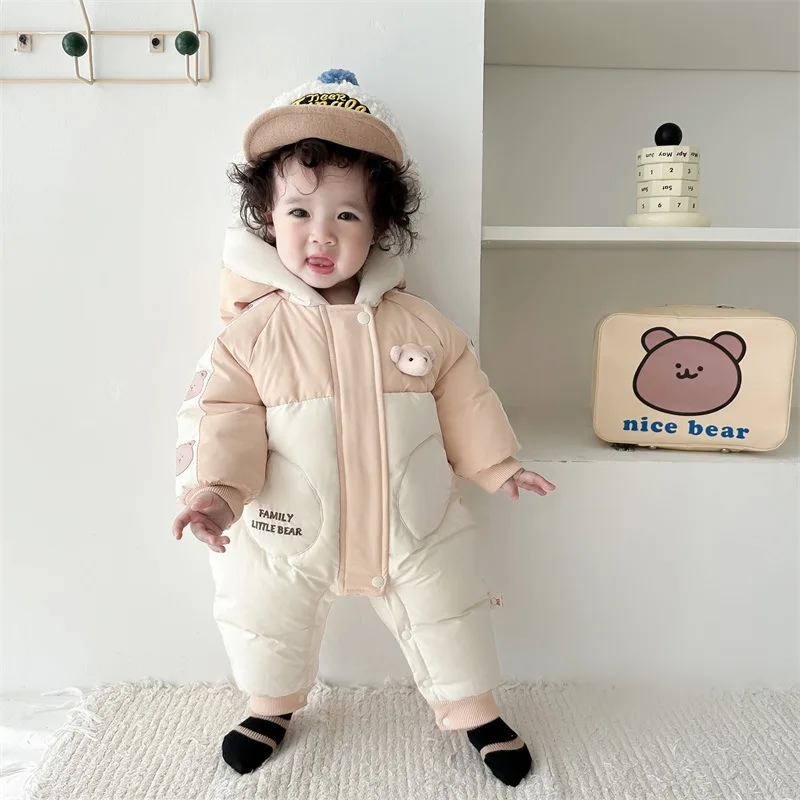 2024 Winter Baby Boys Bodysuits Cotton Padded Hooded Warm Infant Boys Snowsuit Cartoon Plus Velvet Thick Toddler Boys Overalls