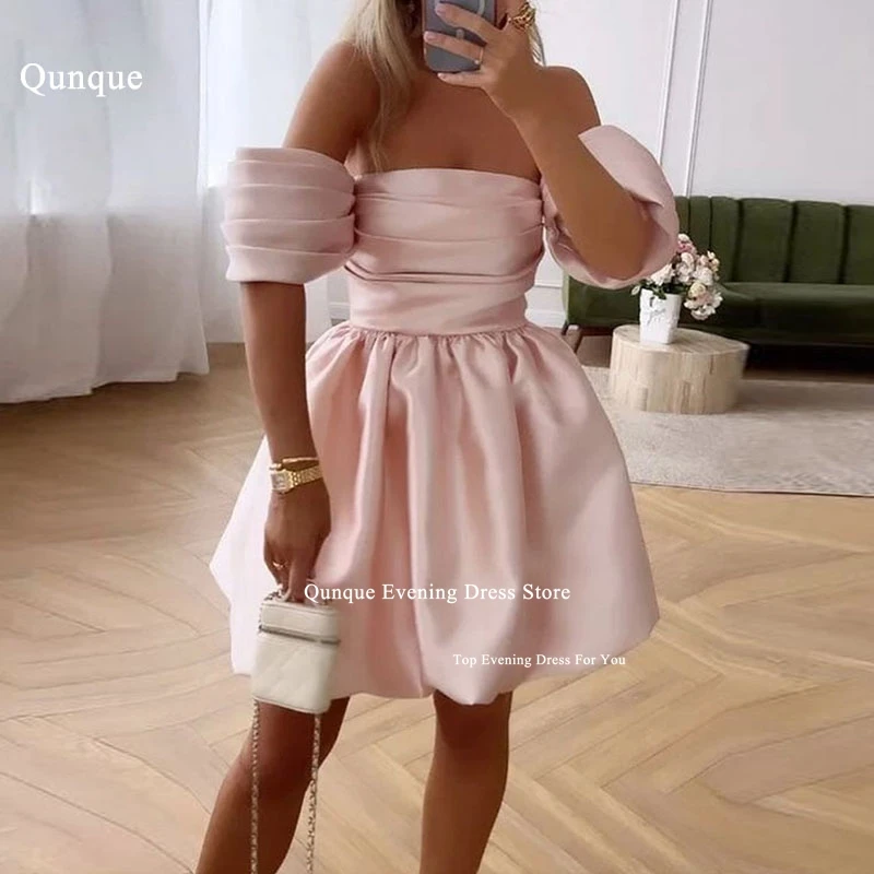 

Qunque Mini Prom Dress Elegant Strapless Satin Pleat Homecoming Dresses Customize Above Knee Occasion Gowns Cocktail Dresses