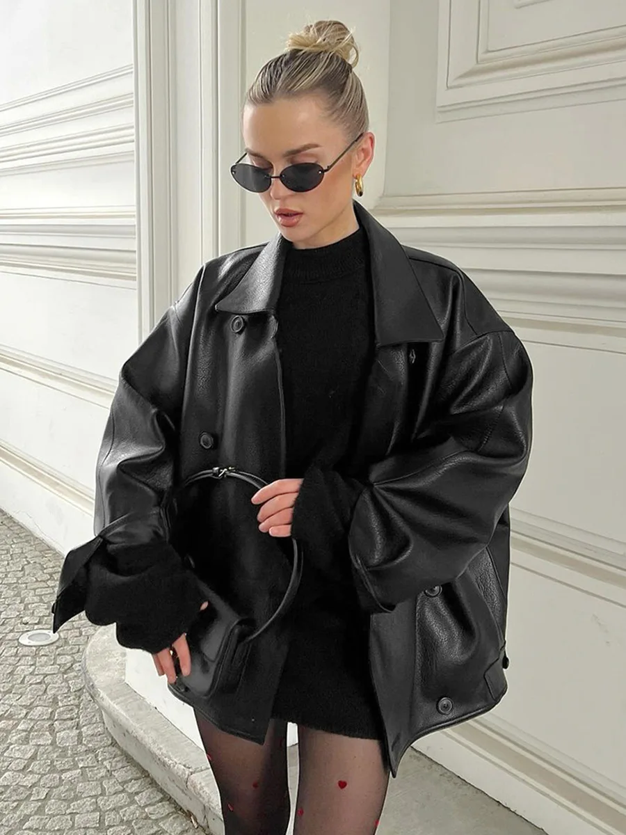 Streetwear Women Loose Long Pu Faux Leather Jacket Autumn Female Button Coat Vintage Moto Biker Outwear Old Money Style 2024 New