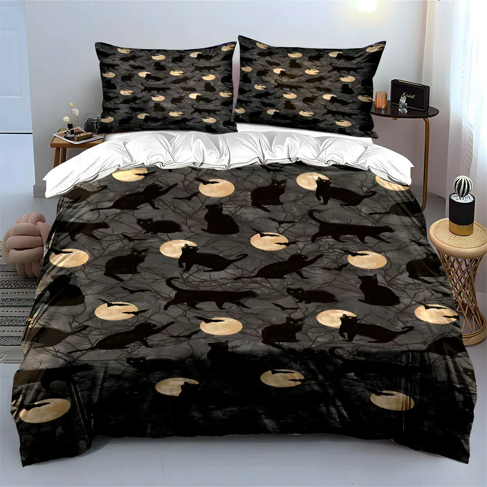 Black Cat Full Moon Bat Branch Pattern Duvet Print Bedding Set 1 Duvet Cover 2 Pillowcases for Adult and Children Luxury Gift
