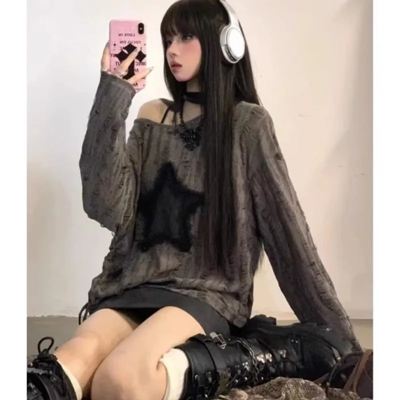 2024 Autumn Women New Y2K Hole Star Print Sweater Fashion Streetwear Off Shoulder Tops Oversize Kpop Long Sleeve Loose Outwear