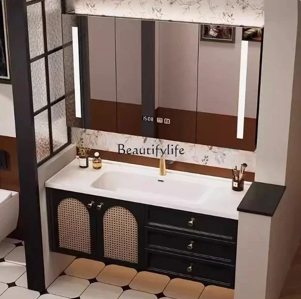 

yj7 FGMobile da bagno in quercia retrò, combinazione di mobili da bagno con lavabo integrato in ceramica