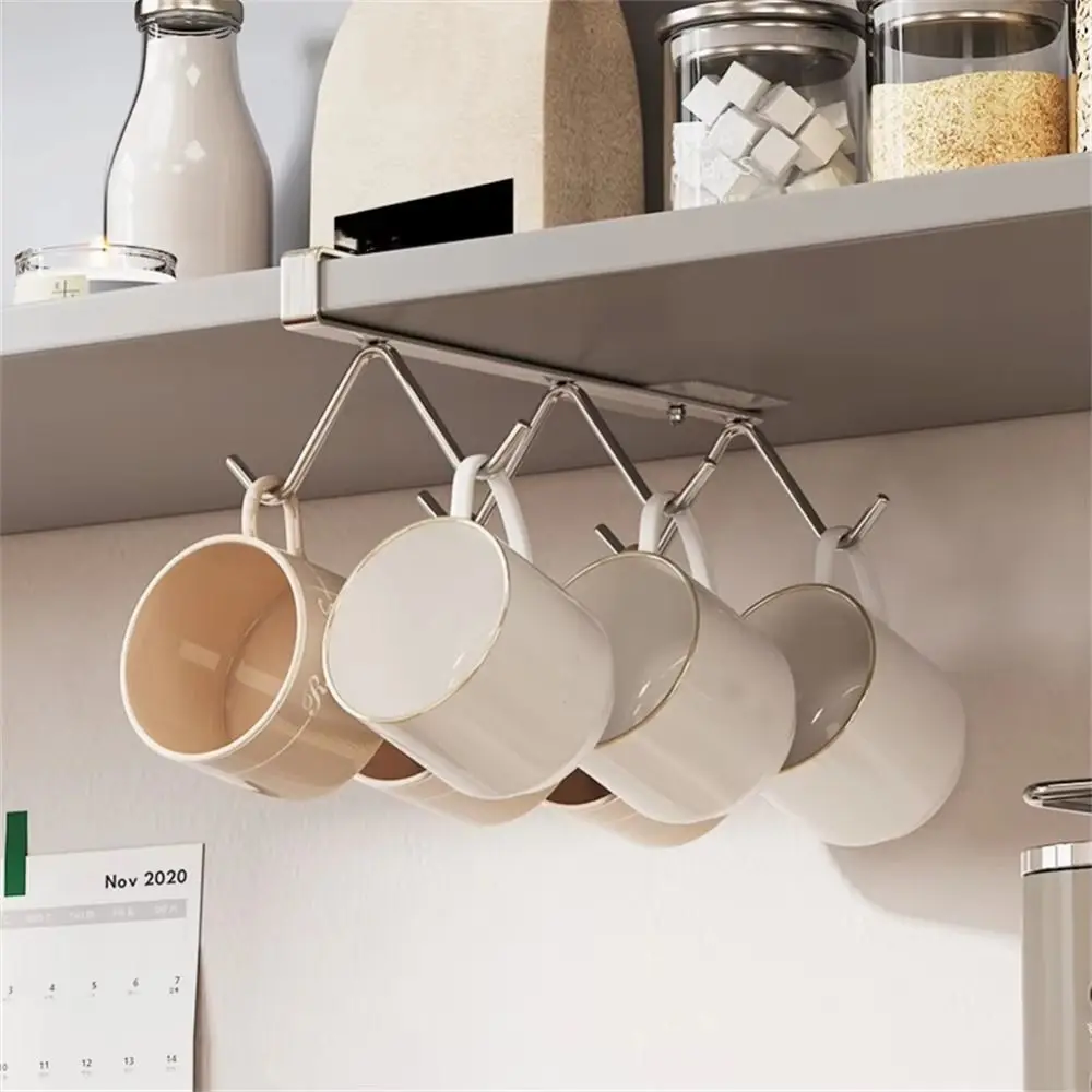 

304 Stainless Steel Coffee Cup Holder Multifunctional Silvery Color Under Cabinet Storage Without Drilling Rustproof Mug Holder