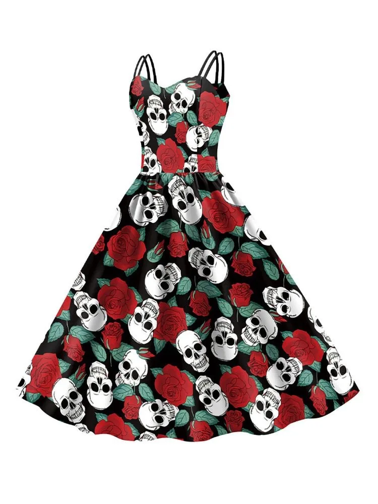 Vintage Gothic Doppelriemen-Swingkleid mit Skelett-Brustmuster, mehrfarbigem Blumen- und Totenkopf-Aufdruck, Damen-Halloween-Cosplay-Kostüm – Detail 14