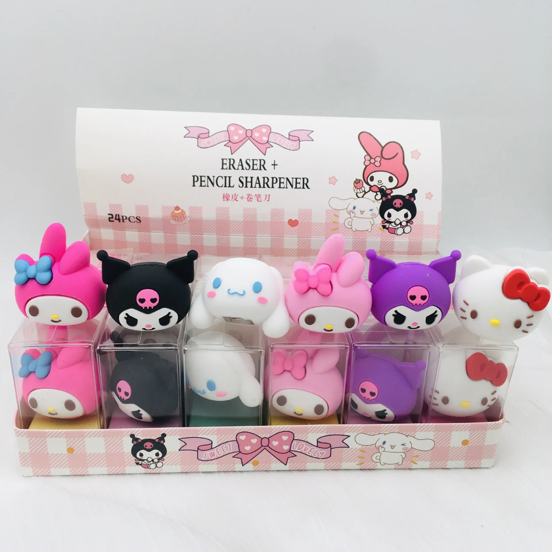 24pcs Sanrio Eraser Pencil Sharpener Hello Kitty Kuromi Cinnamoroll My Melody Student Stationery Kids School Supplies Wholesale