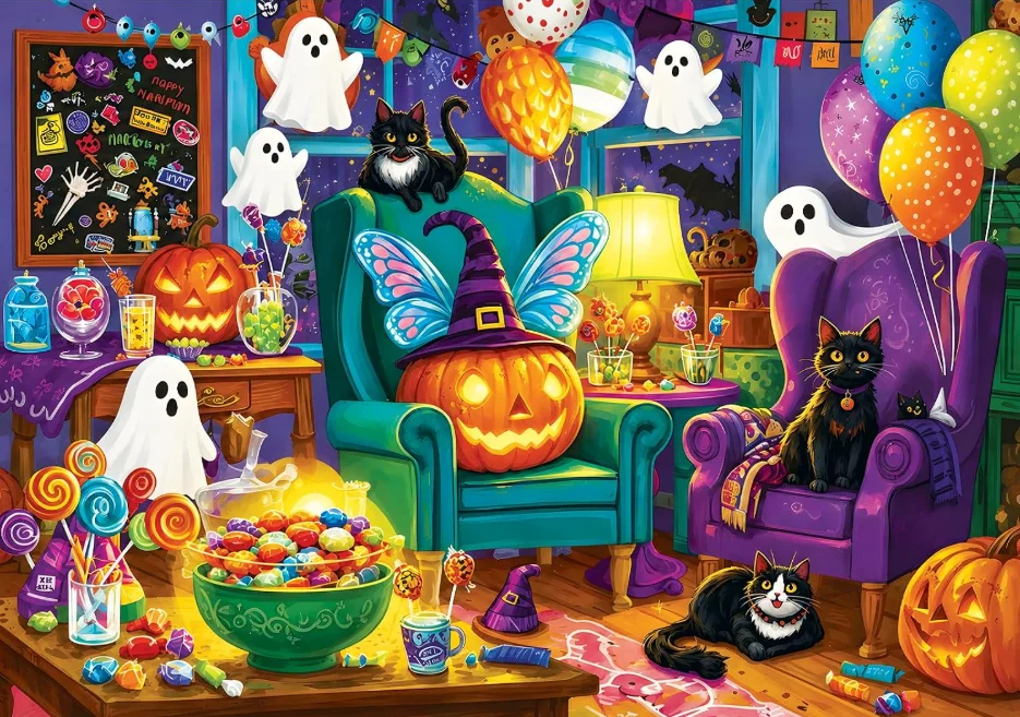 500/1000/1200/2000PCS Jigsaw Puzzle Spooky Halloween Room Decor Pumpkin Ghost Black Cat Lollipop Candy Colorful Party Puzzle