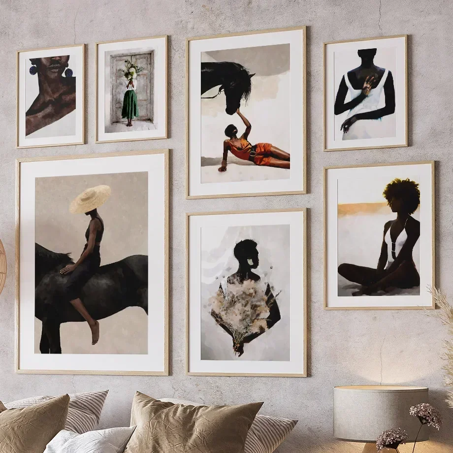 Beautiful Black Girl Horse Brown Minimalist Wall Art Print Canvas Painting Posters Living Room Modern Home Decor