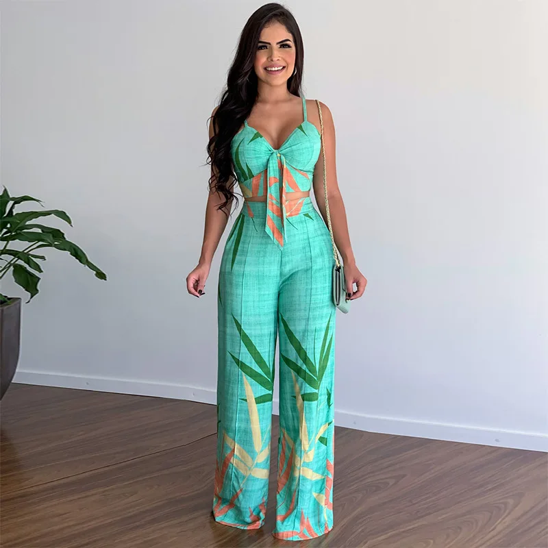 Women\'s 2023 New Linen Imitation Casual Suit V-neck Short Vest High-waist Printed Wide Leg Pants Two-piece Set