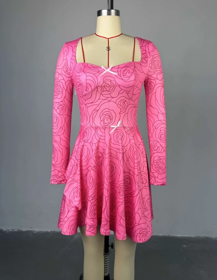 

New Sweet Square Collar Bow Long Sleeve Irregular Dress