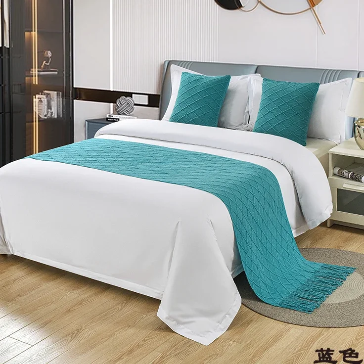 Home Hotel Longer Tassel Bed Runner Solid Plaid Wool Bed Towel Dining Wedding Party Decor Bed Tail Towel Pillowcase