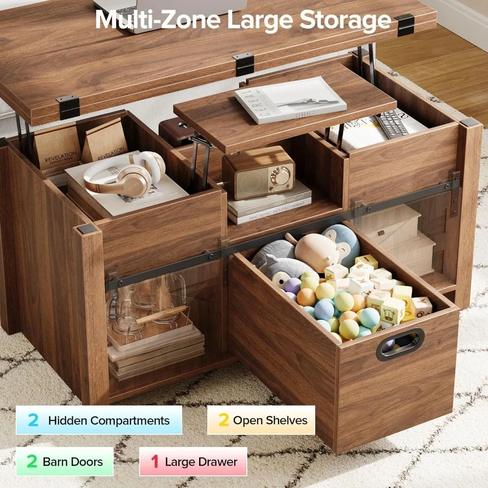 40 طاولة قهوة لرفع المزرعة مع أبواب حظيرة منزلقة، متعددة الوظائف 4 في 1، مع أدراج تخزين ومكونات مخفية #5