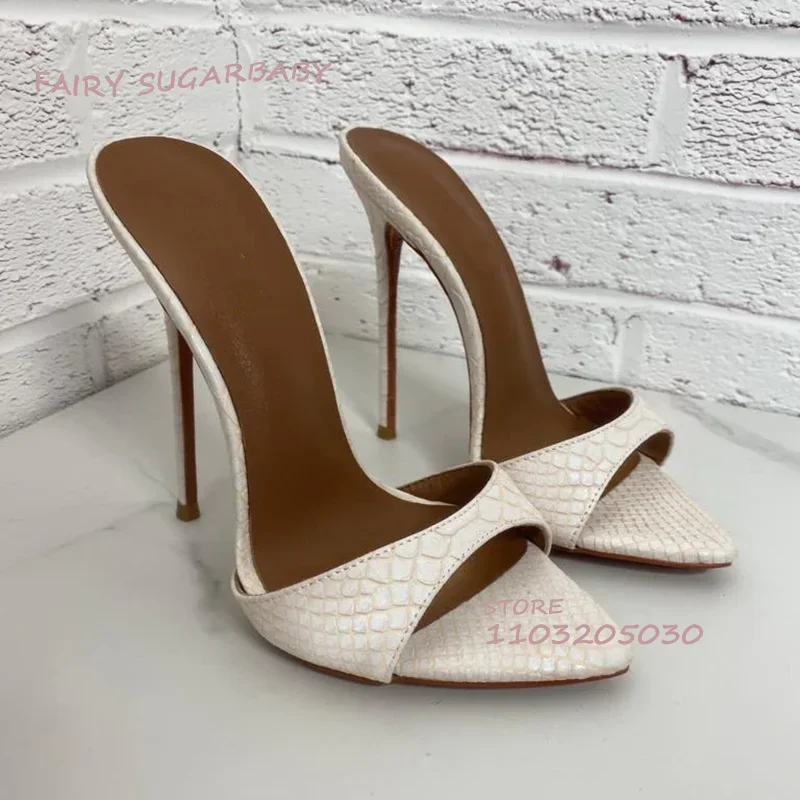 

Silver Metal Pointed Open Shallow Heels Girl Stone Pattern Leather Sexy Slingback Slipper Beach Vacation Sandals Woman Sexy Shoe