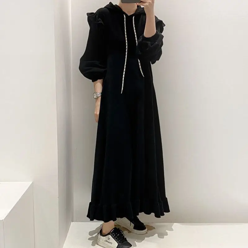 Korean version autumn and winter ruffle edge leisure drawstring hooded loose dress women niche design sense long skirt