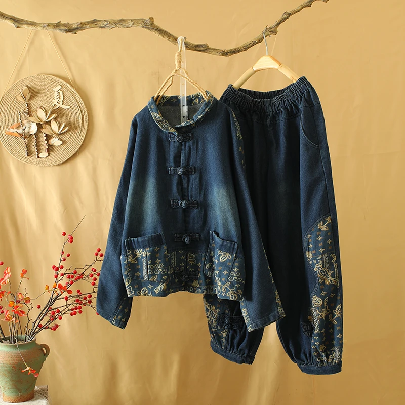 

Retro Waed Denim Print Two-Piece Set Large Size Button Collar Jaet High Waist Cuffed Harlan Pants Faionable Ensemble