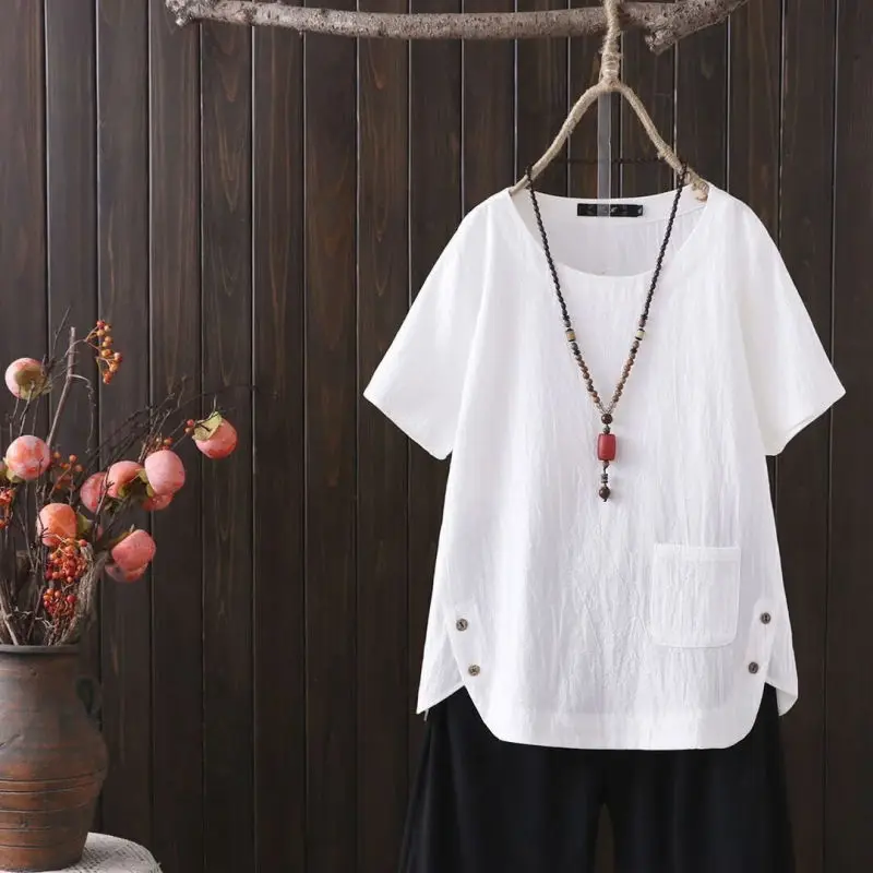 Women Summer Simplicity Vintage Loose Solid Color Cotton O-neck Short Sleeve T-Shirt Women Clothes Casual All-match Trend Tops