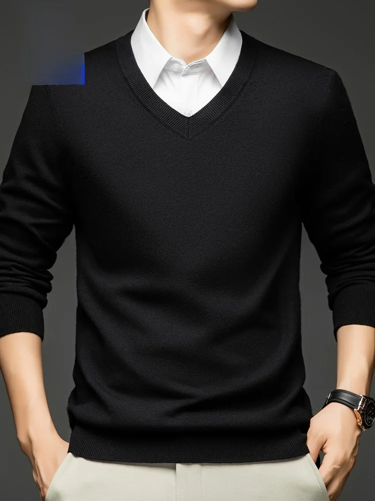 

Rn Long Sve V-Ne Knitwear Casual Versatile Warm Men's Faion Ci Sle Autumn New Arrival Pure Color Slim Fit Sweater