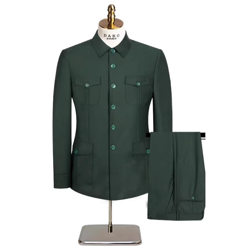 بدلة تشونغشان الجديدة عالية الجودة باللون الأخضر العسكري لعام 2025 للرجال مكونة من قطعتين، بدلة تونيك صينية للرجال متعددة الجيوب باللون الكحلي/الكاكي، مقاس كبير